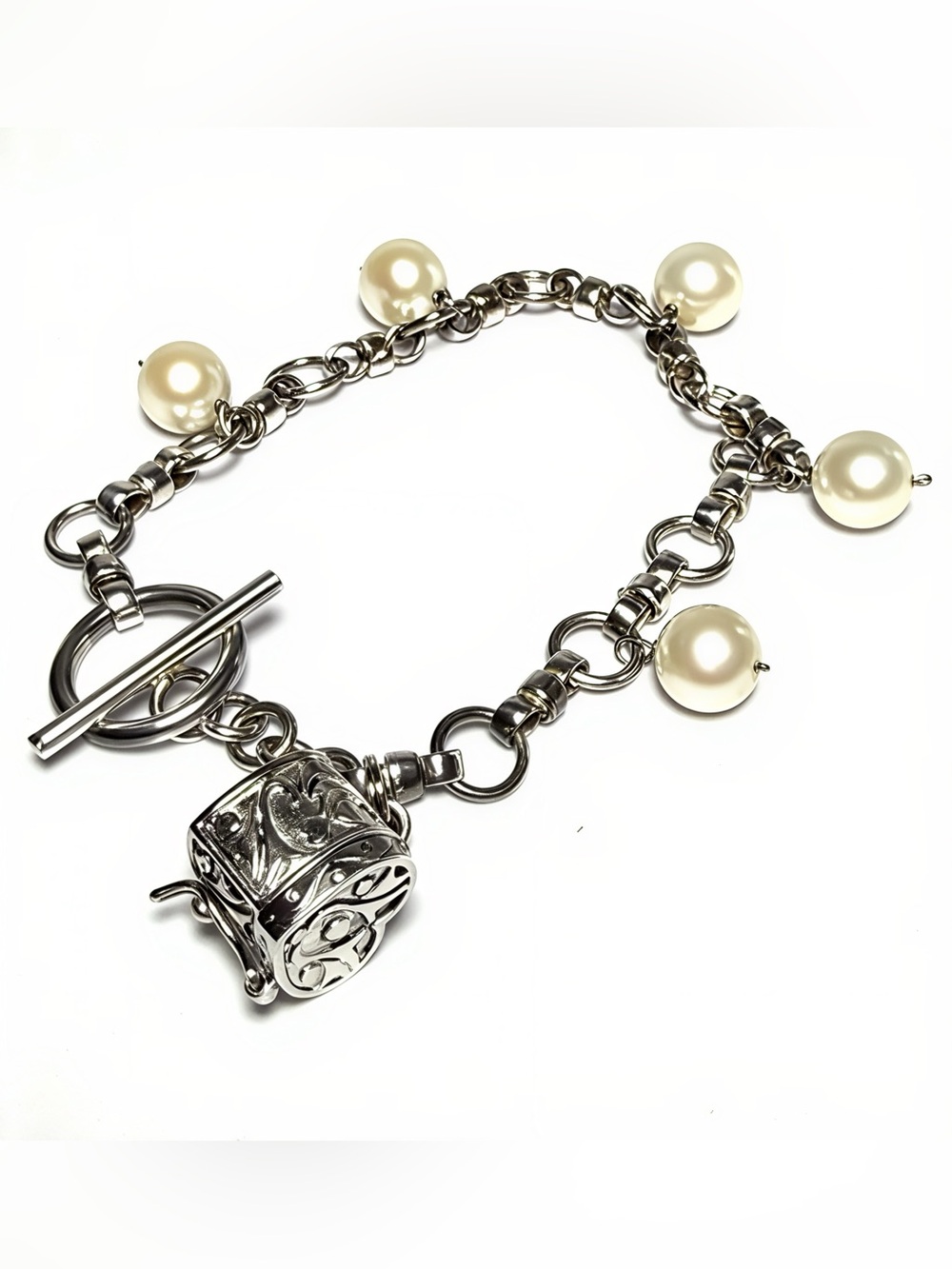 Sterling Silver Pearl Charm Toggle Bracelet - Cream Pearls